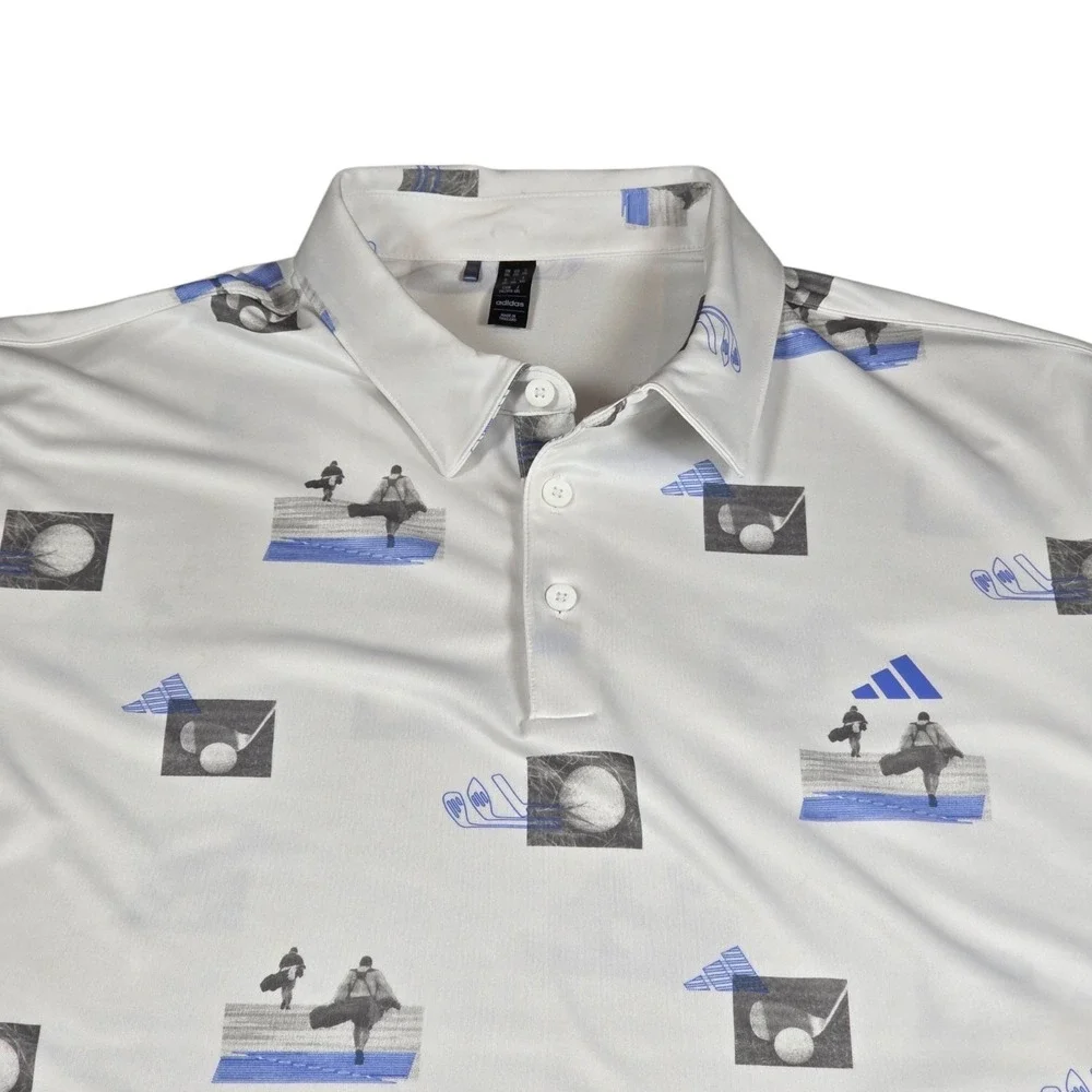 ADIDAS All Over Print Golf Polo Shirt HR7998 White Blue Fusion Gray Men's Sz XXL